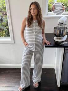 2 piezas Conjunto de top de tirantes con botones y pantalones a rayas, informal y de verano, para maternidad - Gris - Ver 10