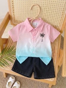 SHEIN Playful Pals 嬰幼兒男童粉色可愛漸層棕櫚樹印花 Polo 領短袖上衣 大字母背部設計 夏季度假海灘街頭風 6M-3T - 彩色 - 查看 7