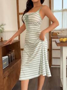 Napfluff Striped Print Contrast Trim 2 In 1 Design Fitted Women Nightgown - Green - View 6