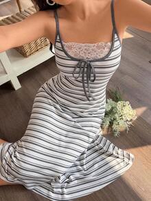 Napfluff Striped Print Contrast Trim 2 In 1 Design Fitted Women Nightgown - Dark Grey - View 4
