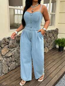 Dazy Plus Bộ jumpsuit denim không dây vai, có dây thắt eo, kiểu dáng thoải mái cho kỳ nghỉ, dành cho nữ cỡ lớn, mùa xuân/hè. - Rửa nhẹ - Xem 6