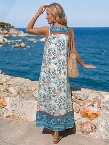 Vestido largo casual de mujer con estampado de flores y paisley con bolsillos, sin mangas, básico para uso diario, vacaciones, primavera/verano - Turquesa - Ver 2
