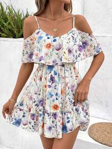 SHEIN Clasi Women's White Ruffled V-Neck Off-Shoulder Short Sleeve Elegant Casual Dress, Mini Length, Romantic Spring/Summer Country Concert Outfit - Multicolor - View 1