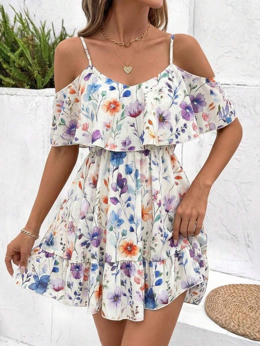 SHEIN Clasi Women's White Ruffled V-Neck Off-Shoulder Short Sleeve Elegant Casual Dress, Mini Length, Romantic Spring/Summer Country Concert Outfit - Multicolor - View 1