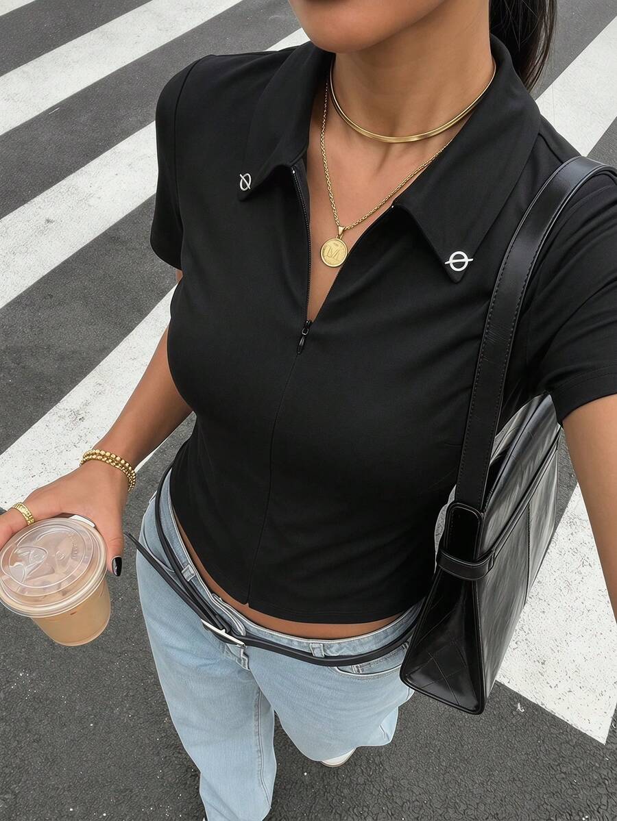 Modelyn 优雅通勤风金属纽扣拉链女式T恤