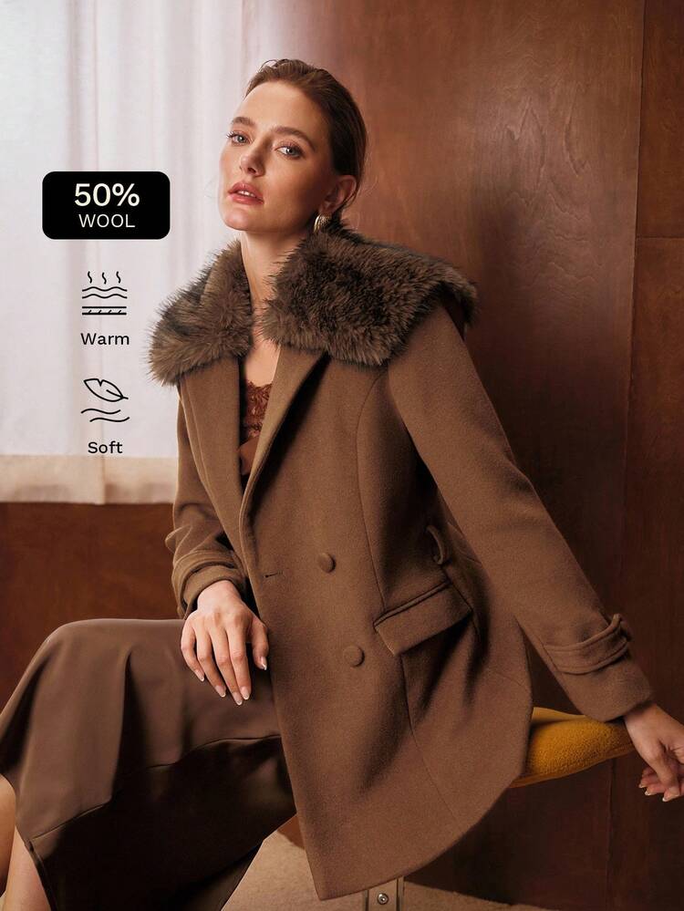 DETACHABLE FUR COLLAR WAIST CINCHED ELEGANT MID-LENGTH OVERCOAT, AUTUMN/WINTER
