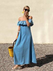 DAZY Women's Off-Shoulder Floral Print Long Denim Dress, Vacation Style, Summer Boho - Light Wash - View 4