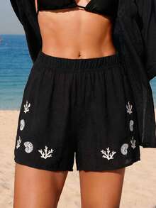 SHEIN Swim Chicsea Quần short nữ mùa hè in họa tiết, kiểu dáng thường ngày. - Đen và trắng - Xem 10