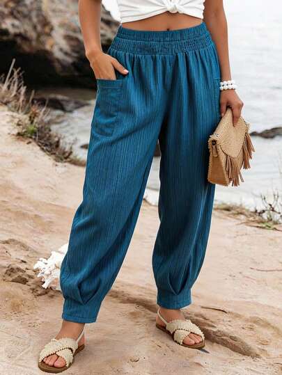 Ceyna Plus Size Women's New Summer Harem Pants, Casual & Minimalist, Elegant Resort Long Pants, Elastic Waist Pockets Solid Color Pants, Pleated Ankle-Length Loose Harem Pants Beach Pants For Women Women Summer Pants Elastic Waist Pants Women Linen Pants Wide Leg Summer Pants Boho Pants For Women Loose Pants For Women Women Trouser Oversize Pants For Women Pants For Women Casual Casual Coords For Women,Teal Blue Plus Size Harem Pants Plain Woven Fabric Cropped Shirred Detail Casual
