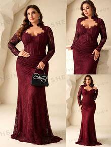 Coutiva Plus Size Lace Collar Long Sleeve Maxi Formal Evening Gown (Heavily Embellished) - Burgundy - View 8