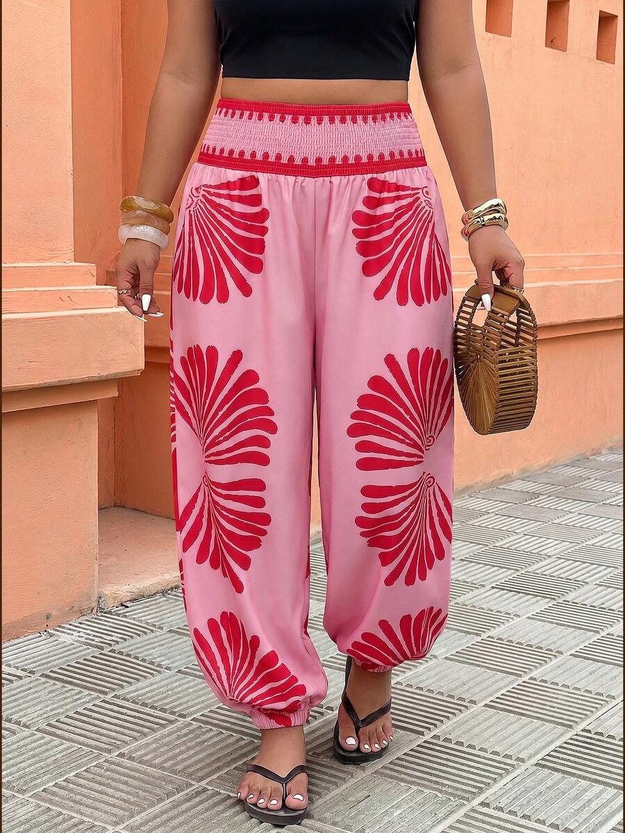 Weeklong Plus Size Women's Elastic Waist Bohemian Print Lantern Pants, Suitable For Vacation And Daily Wear, Spring/Summer Fall - Multicolor - View 1