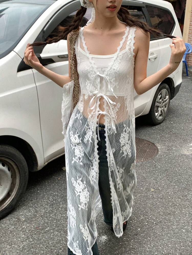 Lace Patchwork Floral Trim Tie-Up Long Sheer Casual Vacation Summer Women Vest Jacket