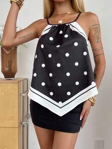 Livesso Polka Dot Print Contrast Color Patchwork Black Camisole, Suitable For Music Festival, Valentine's Day, Wedding, Casual, Beach, Summer - Black - View 9