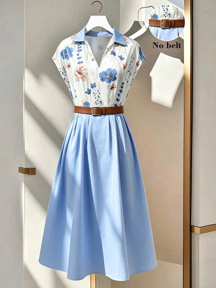 蓝白拼接印花翻领中长连衣裙，收腰显瘦，A字裙摆，夏季 - 彩色 - 查看 1