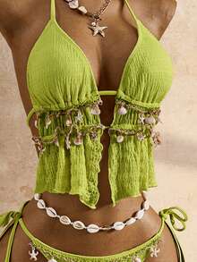 Bellisia Conjunto de top corto y tankini de jacquard texturizado para vacaciones de primavera/verano en la playa - Verde - Ver 5