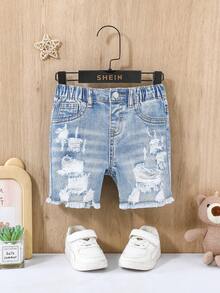 SHEIN Quần short denim bó sát màu xanh dương, kiểu dáng thường ngày, rách rưới, có cúc phía trước và túi, dành cho bé trai, thích hợp mặc đi chơi mùa xuân/hè. - Rửa nhẹ - Xem 1
