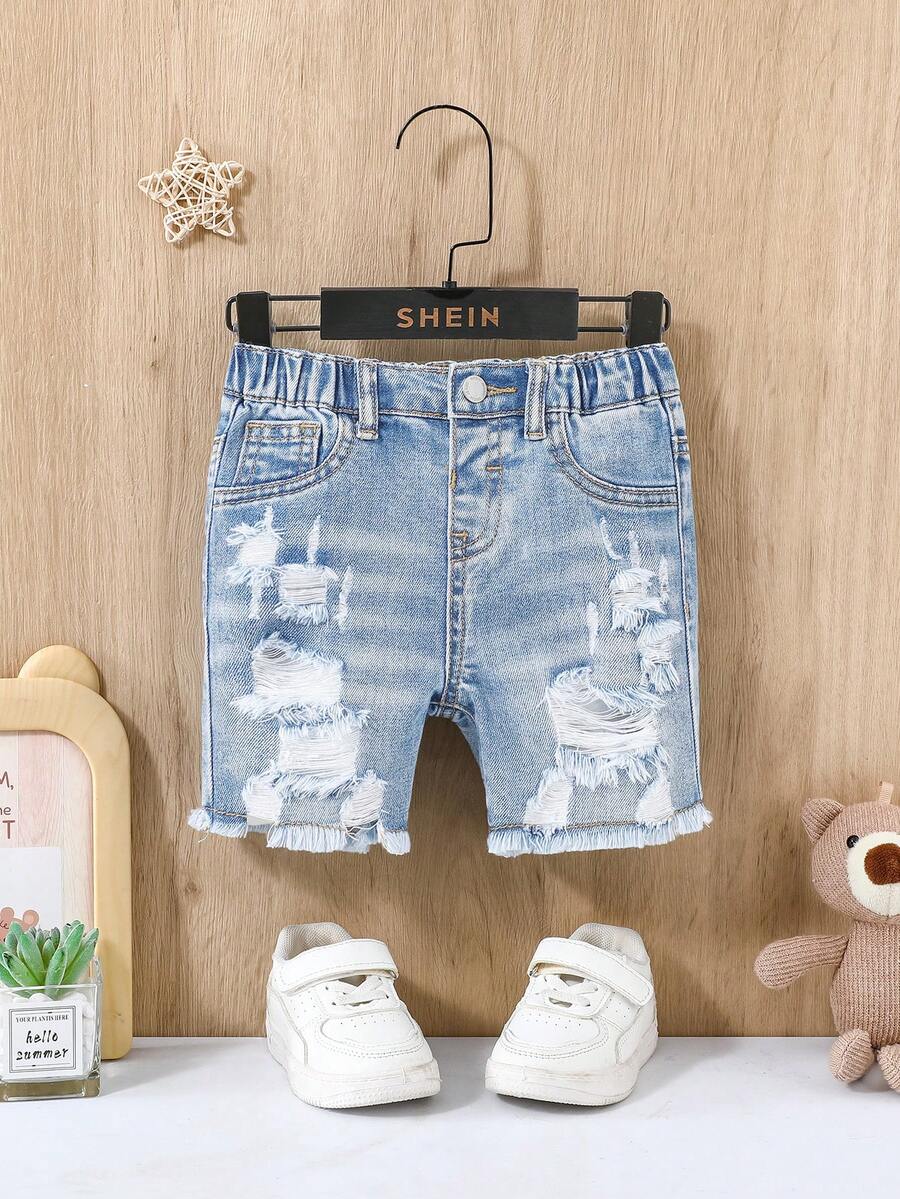 SHEIN Quần short denim bó sát màu xanh dương, kiểu dáng thường ngày, rách rưới, có cúc phía trước và túi, dành cho bé trai, thích hợp mặc đi chơi mùa xuân/hè. - Rửa nhẹ - Xem 1