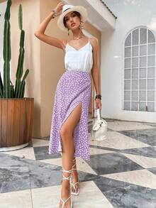 SHEIN Holidaya Váy maxi xẻ đùi in họa tiết toàn thân, thích hợp cho kỳ nghỉ biển, trang phục nữ. - Màu tím - Xem 6