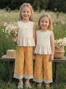 Emery Rose Kids Emery Rose Kids مجموعة ملابس علوية أكمام بلا أكمام ذو رقبة دائرية وبنطال طويل لون أحادي للفتيات الصغيرات، 2 قطعة - لون برتقالي - مشاهدة 7