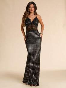 SHEIN BAE Đầm maxi đuôi cá bằng satin màu đen chấm bi, dây mảnh, cổ áo phối ren, eo xuyên thấu, chất liệu satin, kiểu dáng gợi cảm, cổ điển, thanh lịch, thích hợp cho tiệc tùng. - màu đen - Xem 5