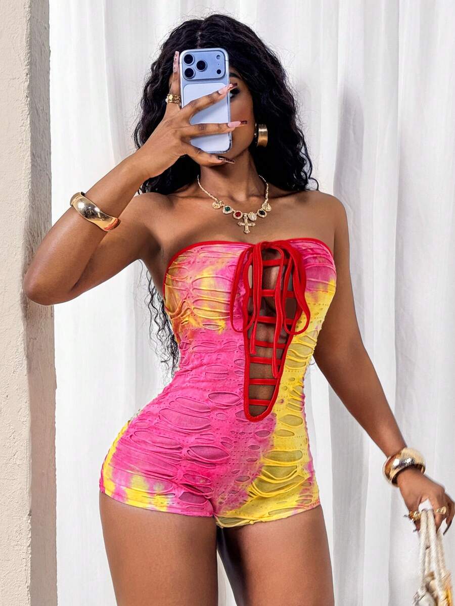 Glyssa 女士性感扎染镂空系带紧身短款连体裤 - 彩色 - 查看 1