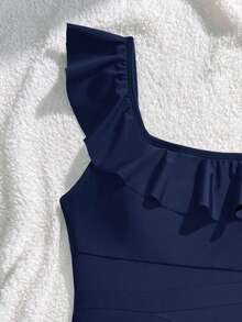 SHEIN Teen Girl Fitted Casual Comfortable Sports One-Piece Swimsuit With Ruffle Trim - Navy Blue - View 2