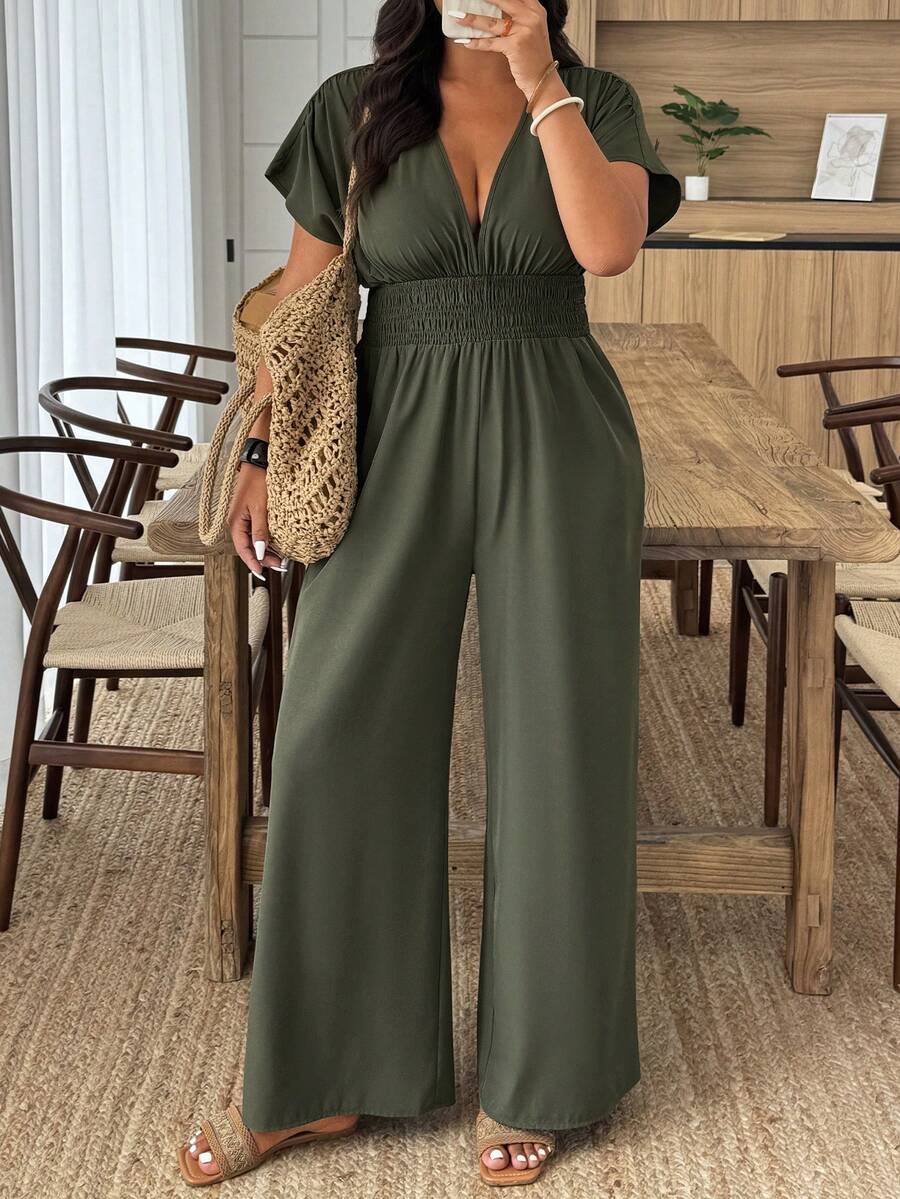 Weeklong Plus Size Casual Solid Color Short Sleeve Jumpsuit  BASICS - Army Green - View 1