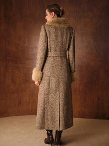 PREMIUM WOOL TWEED ELEGANT LUXURY FURRY COLLAR BELTED OVERCOAT - Khaki - View 6