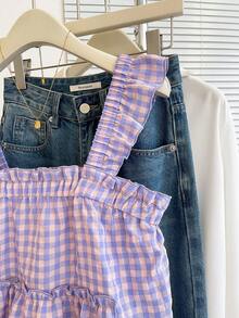 SHEIN Franclia Áo nữ không tay họa tiết kẻ caro, viền bèo nhún, kiểu dáng thường ngày - Màu tím - Xem 7