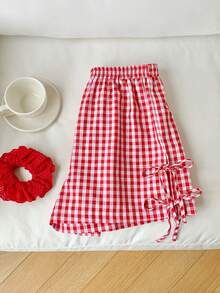 Comfortcana Red Plaid Woven Women's Side Lace-Up Shorts Valentine's Day - Red and White - View 5