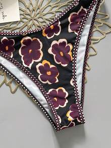 SHEIN Swim Mod 2026 Spring/Summer Women's 2 Pieces Swimsuit Set, Fashionable Fresh Sweet Minimalist Black Base Purple Flower Slimming Hot Spring Vacation Bikini - Multicolor - View 4