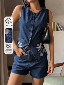 DAZY Women's Round Neck Sleeveless Denim Vest With Embroidery Decor And Shorts, Vacation Style Denim Set - Dark Wash - View 1