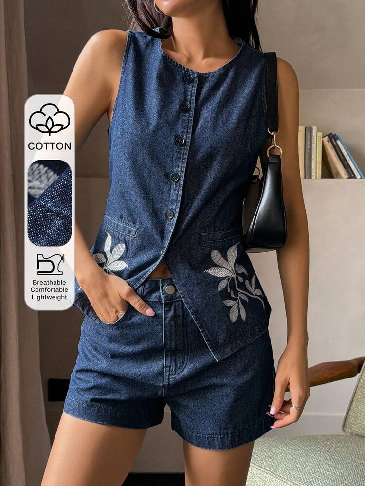 Women's Round Neck Sleeveless Denim Vest With Embroidery Decor And Shorts, Vacation Style Denim Set