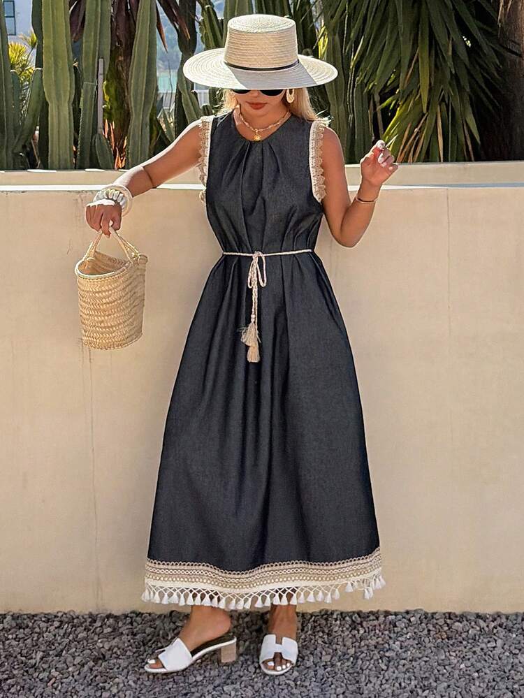Women's Round Neck Ruched Casual Party Washed Denim Dress Boho