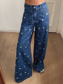 DAZY Women's Regular Waist Loose Straight Rhinestone Floral Print Elegant City Casual Jeans - Dark Wash - View 4