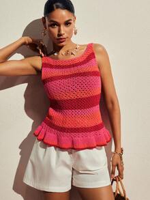 Poéselle Women's Fashion Versatile Striped Contrast Color Hollow Ruffle Hem Knit Top - Pink - View 4