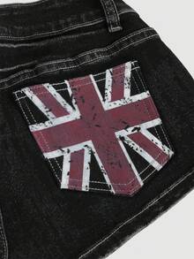 ROMWE Grunge Punk Spring/SummergraphicY2K Retro Washed Pocket UK Flag Print Super Low Waist Denim Shorts - Black - View 4