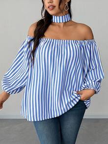 SHEIN Elenzya Áo kiểu trễ vai kẻ sọc mới mùa hè, áo sơ mi trễ vai tay cánh hoa kiểu Pháp Niche. - Màu xanh nhạt - Xem 2