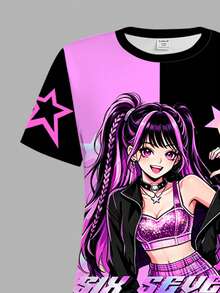 Tween Girl Numeric 67 Graphic, Cartoon Print, Purple & Black Colorblock, Short Sleeve Mid-Length Dress, Suitable For Summer - Multicolor - View 4