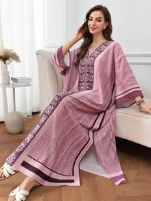 SHEIN Najma Đầm nữ cổ chữ V in họa tiết kẻ caro, kiểu dáng thanh lịch Ả Rập. - Nhiều màu - Xem 4