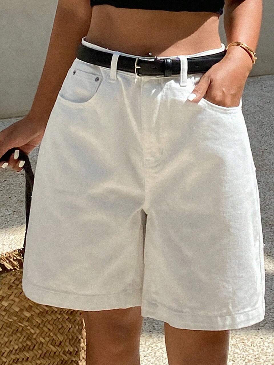 Tall Women's Washed White Denim Bermuda Shorts, Casual City Style Summer