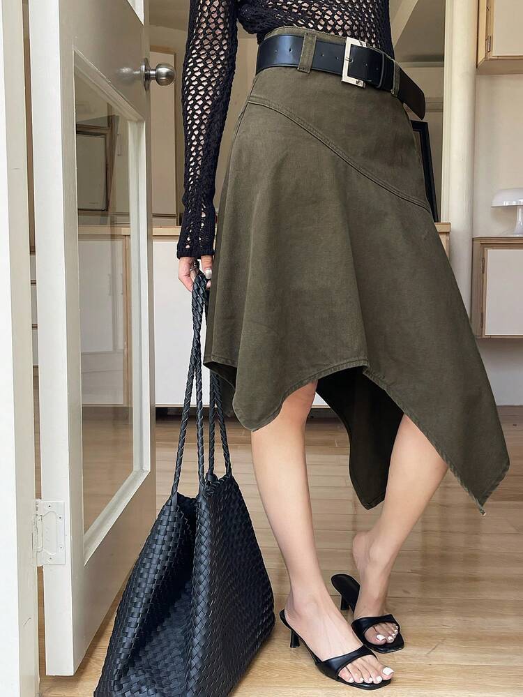 Women's Regular Waist Asymmetrical Hem Washed Denim Design Casual Denim Skirt