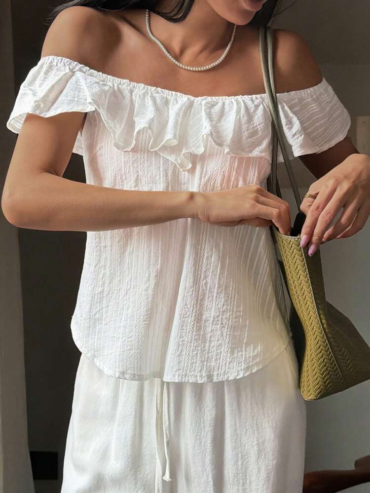 Women's Summer Off-Shoulder Textured Fabric Casual Pullover Shirt