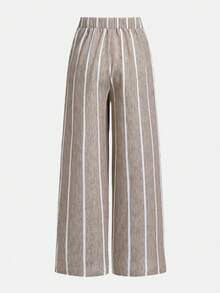 SHEIN Tween Girls' Vacation Casual Khaki Textured Striped Sleeveless Top & Extended Pants Set - Khaki - View 6