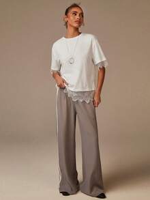 Women's Contrast Lace Round Neck Short Sleeve Casual T-Shirt - White - View 4