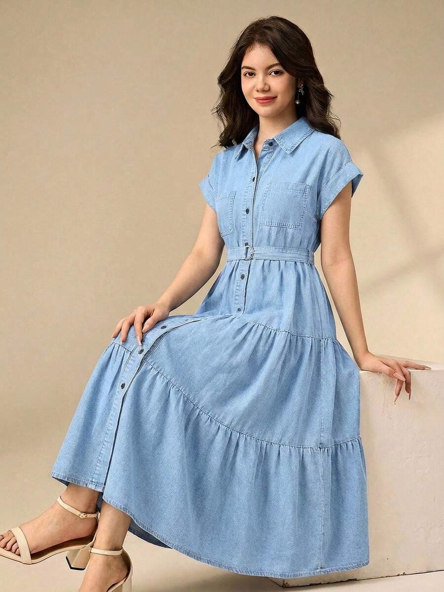 少女蓝色牛仔领层叠蛋糕裙,夏季连衣裙,春季女童连衣裙,优雅派对连衣裙,毕业礼服,度假装 - 淺色水洗藍 - 查看 1
