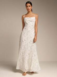 COSMINA Women's Hollow Embroidered Elegant Spaghetti Strap Dress - White - View 3