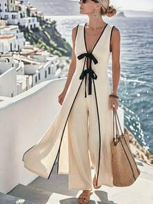 Breezaya Bộ đồ 2 mảnh mùa hè phong cách Bohemian cho nữ, áo vest dài không tay phối màu tương phản thắt nơ và quần ống rộng, bộ đồ hai mảnh thường ngày, váy đi nghỉ mát cho nữ, váy đi nghỉ mát gợi cảm, áo liền quần mùa hè, áo liền quần hở lưng, váy hè hở lưng, váy quấn cho nữ, váy cỡ XS cho nữ, váy đi du thuyền, trang phục đi biển cho nữ, trang phục đi biển cho nữ, áo khoác ngoài, trang phục nghỉ dưỡng, váy đi nghỉ mát cho nữ, áo liền quần cho nữ, áo liền quần thường ngày cho nữ, bộ đồ đi nghỉ mát mùa hè cho nữ, trang phục mùa hè cho nữ, váy đi biển. - Màu be - Xem 4