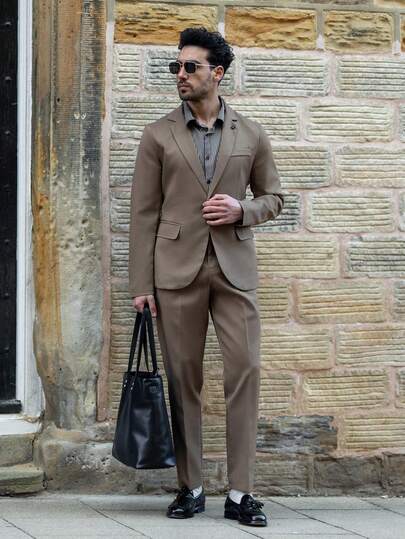 YOUESAWY YOUESAWY Men's Brown Polyester Suit Set Lapel Neckline Long Sleeve Regular Length Formal Business Attire With Pockets Men Brown Suit Brown Suit Men Suit Brown Tan Suit Men Beige Suit For Men
