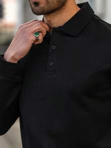 YOUESAWY 男士纯色纹理 Polo 衫，秋季款，长袖上衣 - 黑色 - 查看 3